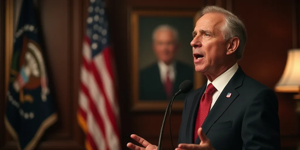 a man in a suit and tie making a speech with an american flag behind him and a picture of a wreath,
