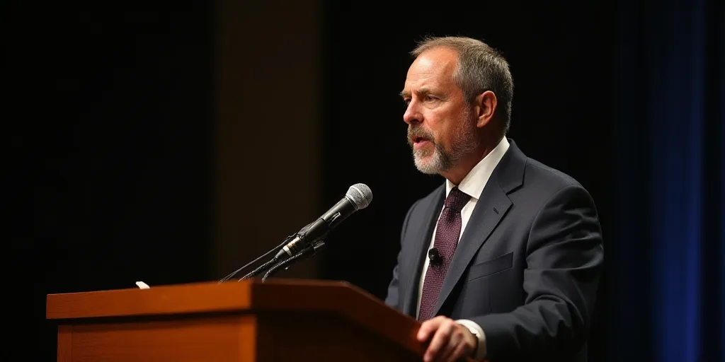a man in a suit and tie making a speech at a podium with a microphone in front of him, Donald Roller
