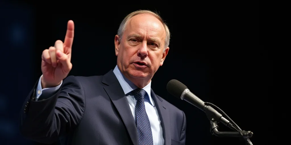 a man in a suit and tie making a finger sign with his hand while standing in front of a microphone,