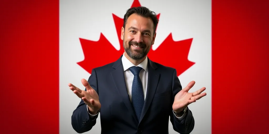 a man in a suit and tie making a hand gesture with his hands in front of him and a canadian flag beh