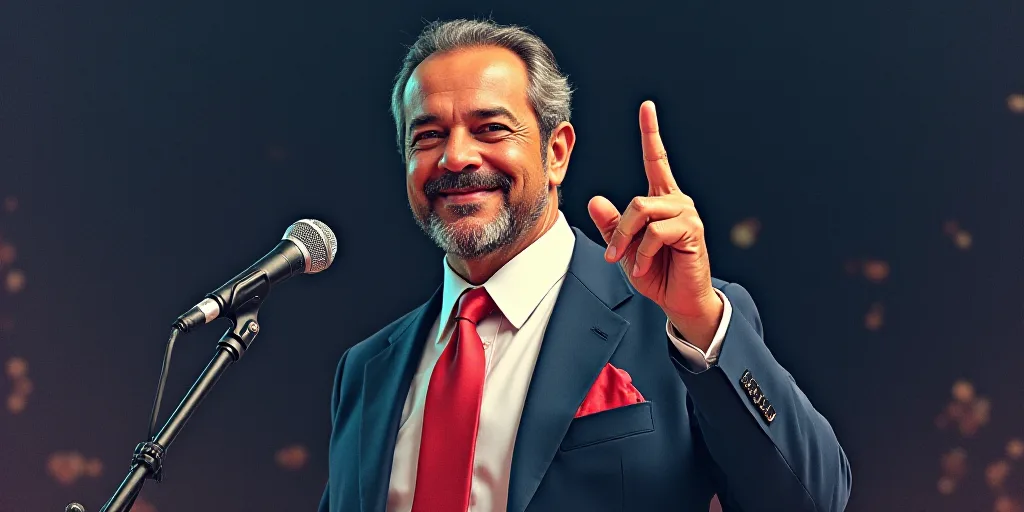 a man in a suit and tie making a hand gesture with his finger while standing in front of a microphon