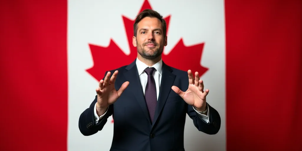 a man in a suit and tie making a hand gesture with his hands in front of him and a canadian flag beh