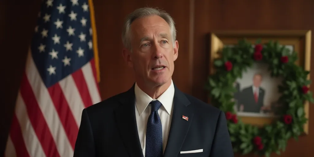 a man in a suit and tie making a speech with an american flag behind him and a picture of a wreath,