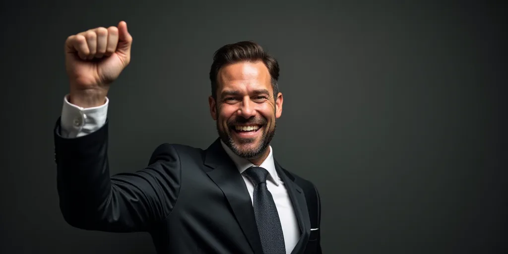 a man in a suit and tie raising his fist up in the air with his right hand up in the air, Donald Rol