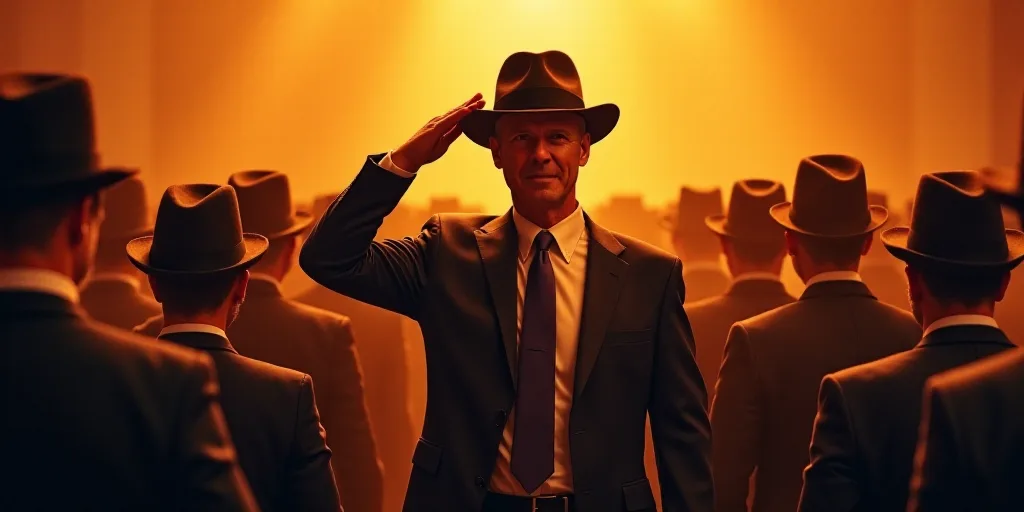 a man in a suit and tie saluting to a crowd of people in suits and hats, all wearing hats, Donald Ro