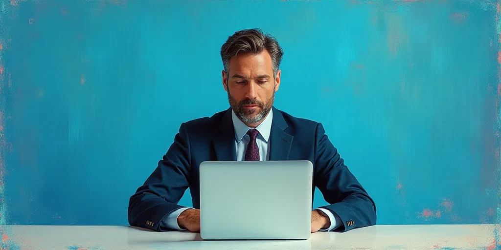 a man in a suit and tie sitting at a table with a laptop computer in front of him and a blue backgro