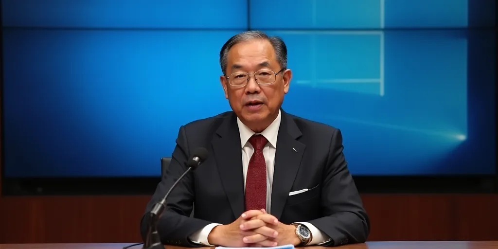 a man in a suit and tie sitting at a table with a microphone in front of him and a blue screen behin