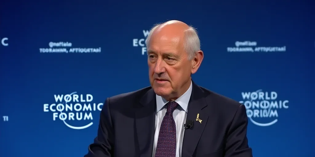 a man in a suit and tie sitting in front of a microphone and a blue backdrop with the words world ec