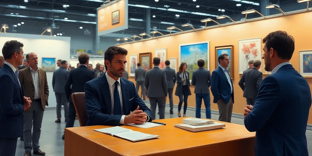 a man in a suit and tie sitting in a booth at a convention or exhibition with people standing around