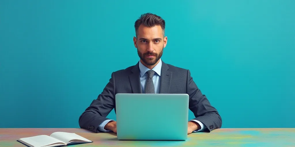 a man in a suit and tie sitting at a table with a laptop computer in front of him and a blue backgro