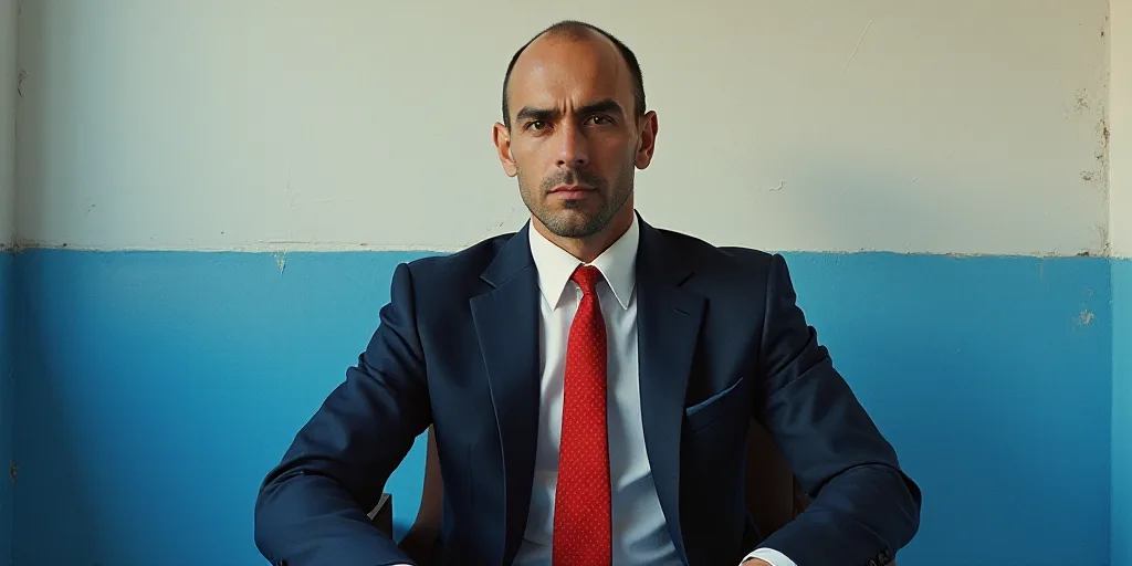 a man in a suit and tie sitting down with a red tie on his neck and a blue and white wall behind him