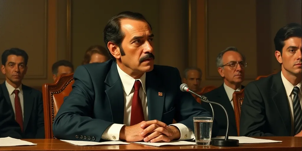 a man in a suit and tie sitting at a table with other people in the background and a microphone, Est