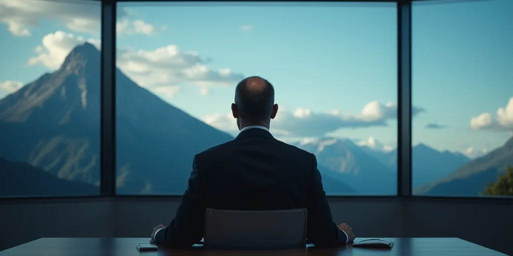 a man in a suit and tie sitting in front of a screen with a mountain in the background and a sky bac