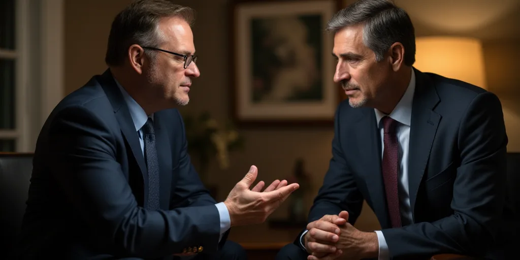 a man in a suit and tie sitting down talking to someone in a suit and tie and holding his hand out,