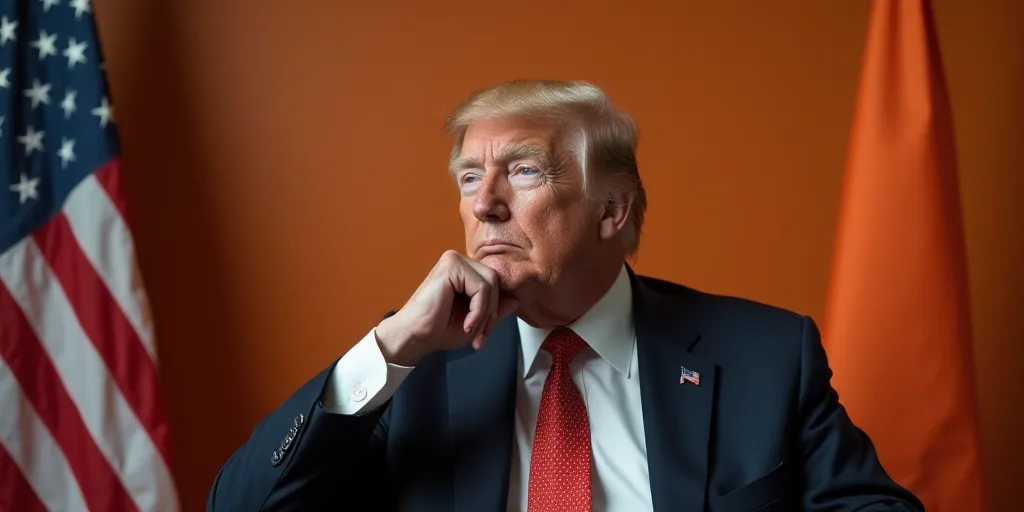 a man in a suit and tie sitting in front of a flag and a flag pole with a hand on his chin, Donald R