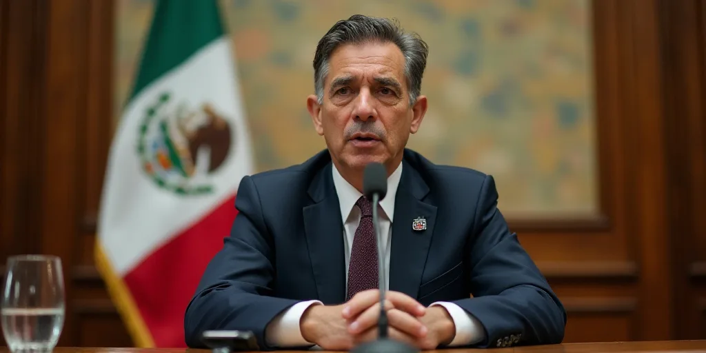 a man in a suit and tie sitting at a table with a microphone in front of him and a mexican flag behi