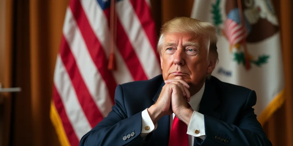 a man in a suit and tie sitting in front of a flag and a flag pole with a hand on his chin, Donald R