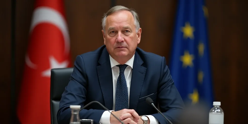 a man in a suit and tie sitting at a table with a microphone in front of him and a flag behind him,
