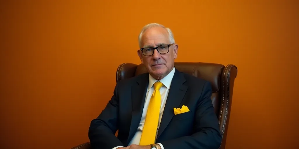 a man in a suit and tie sitting in a chair with a yellow tie on his lapel and a white shirt and yell