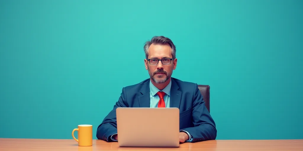 a man in a suit and tie sitting at a table with a laptop computer in front of him and a blue backgro