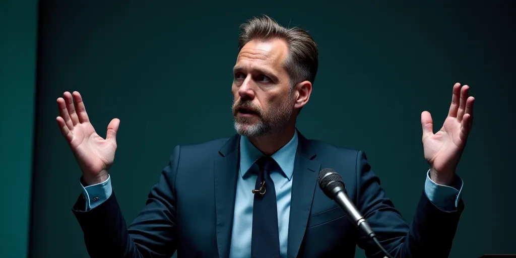 a man in a suit and tie sitting at a podium with his hands up in front of him and a microphone behin