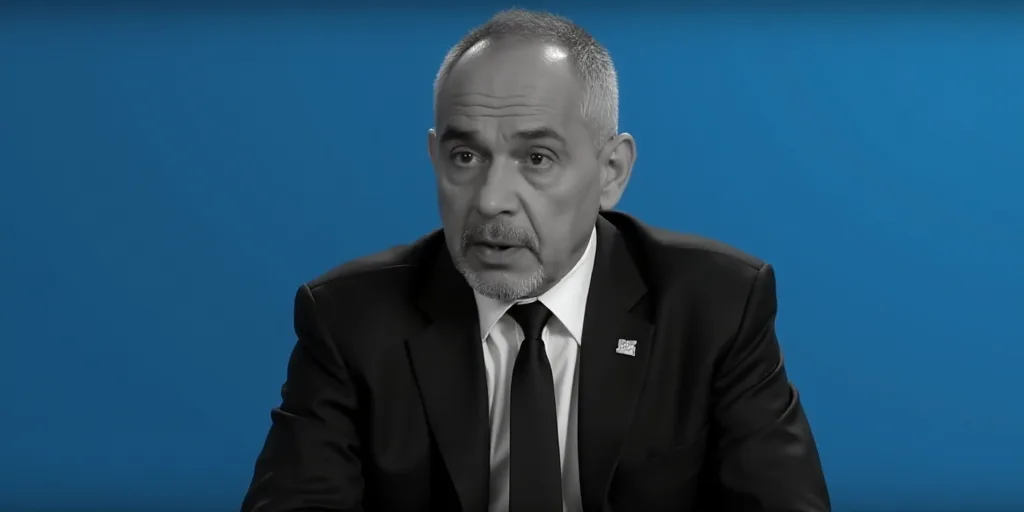 a man in a suit and tie sitting down with a blue background and a black and white photo of him, Cán