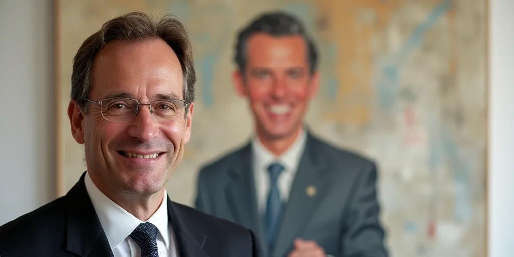 a man in a suit and tie smiling for the camera with a sign behind him that says julia ingleson, Anto