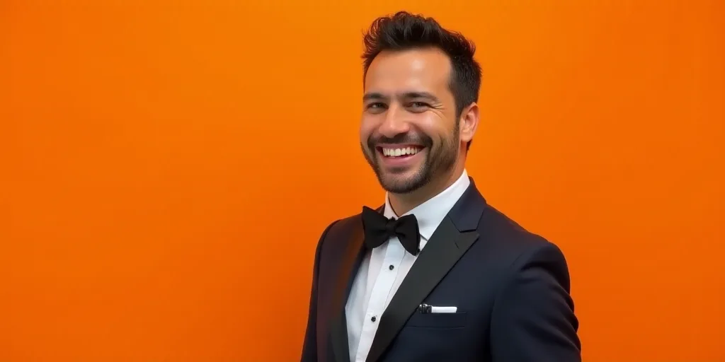 a man in a suit and tie smiling for the camera with an orange background and a caption for the capti