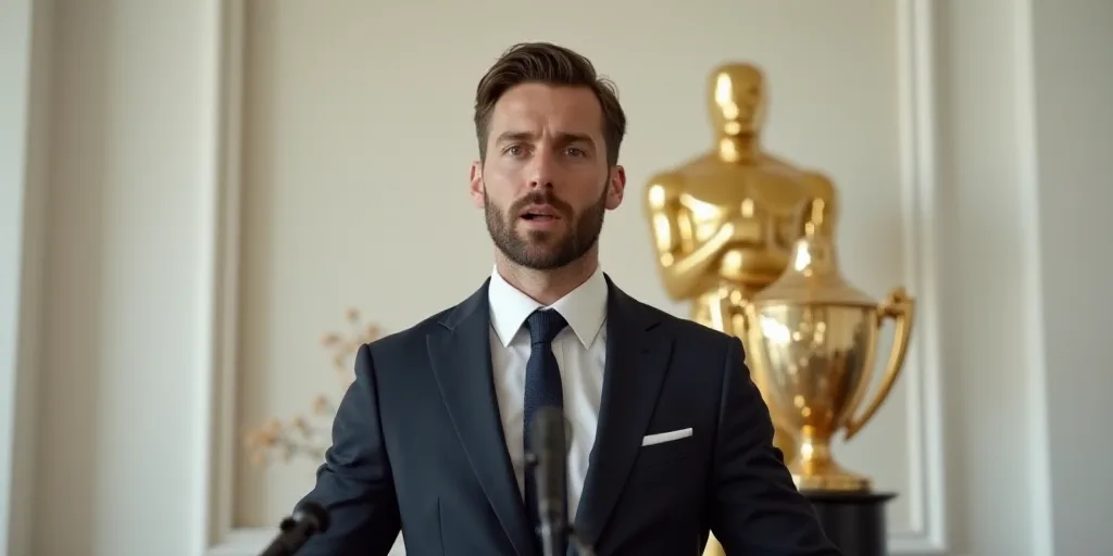 a man in a suit and tie speaking into a microphone with a gold trophy behind him and a white wall be