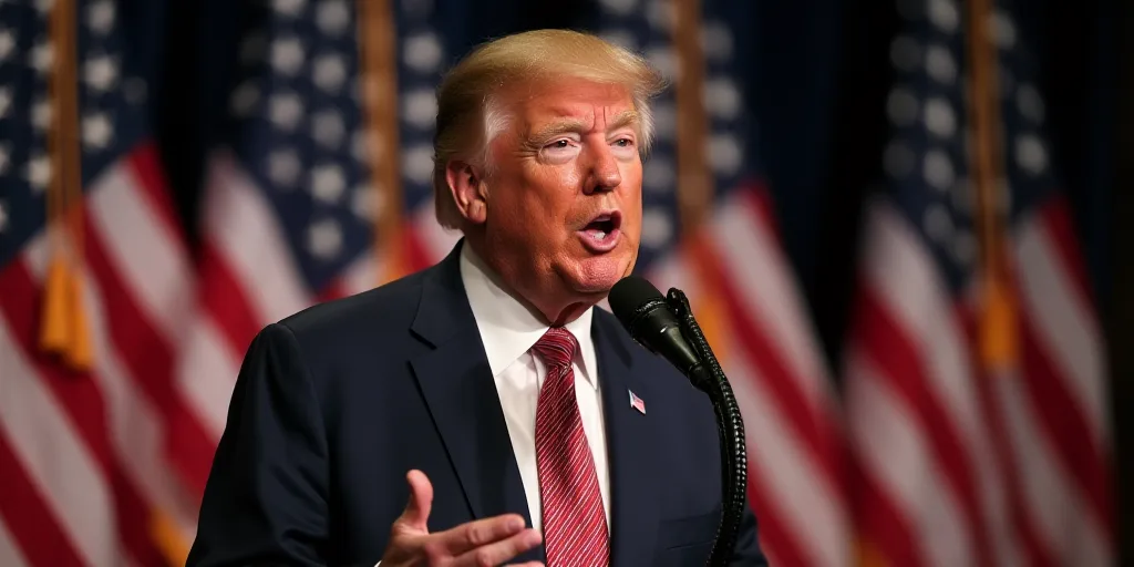 a man in a suit and tie speaking into a microphone with american flags behind him and a microphone i
