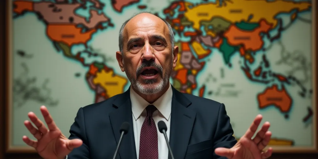 a man in a suit and tie speaking into a microphone with his hands out in front of him and a world ma