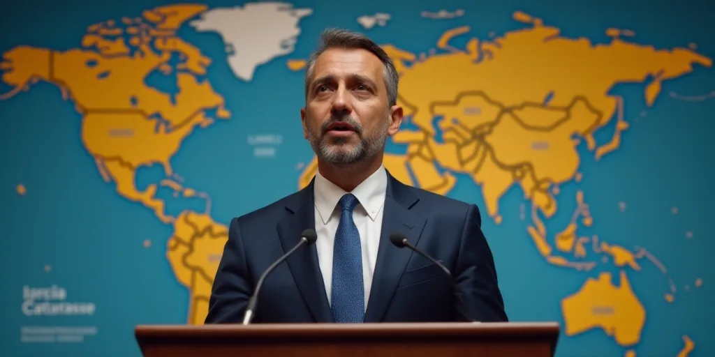 a man in a suit and tie speaking at a podium with a microphone in front of him and a map of the worl