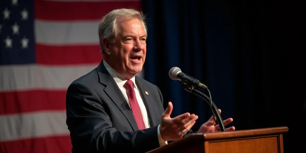 a man in a suit and tie speaking at a podium with a flag behind him and a microphone in front of him