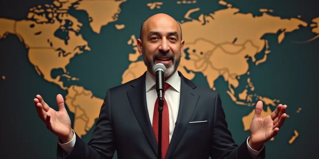 a man in a suit and tie speaking into a microphone with his hands out in front of him and a world ma