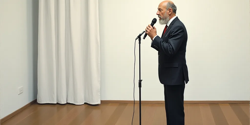 a man in a suit and tie speaking into a microphone in front of a white wall with a white curtain, Do