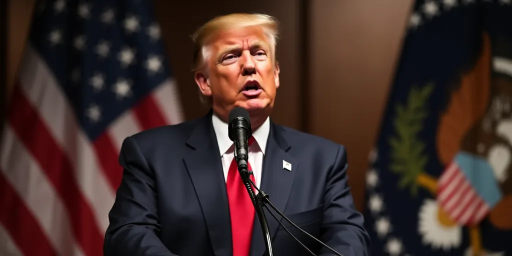 a man in a suit and tie speaking into a microphone in front of a flag and a picture of president tru