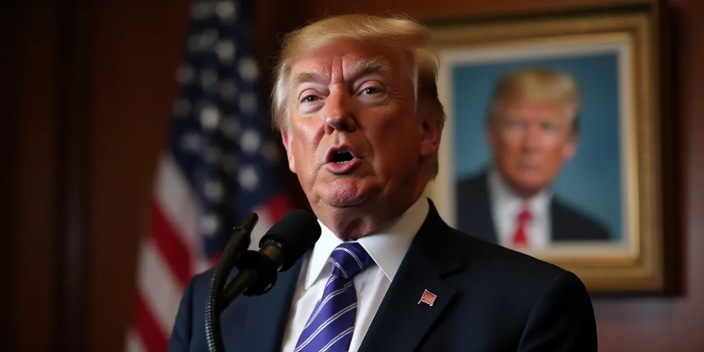 a man in a suit and tie speaking into a microphone in front of a flag and a picture of president tru