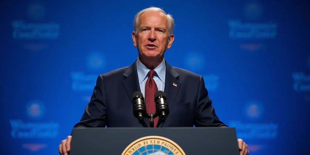 a man in a suit and tie speaking into a microphone at a podium with a blue background and a world ec