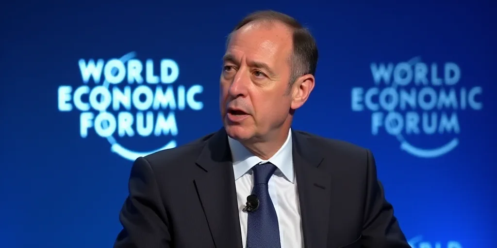 a man in a suit and tie speaking into a microphone with the world economic forum logo behind him and