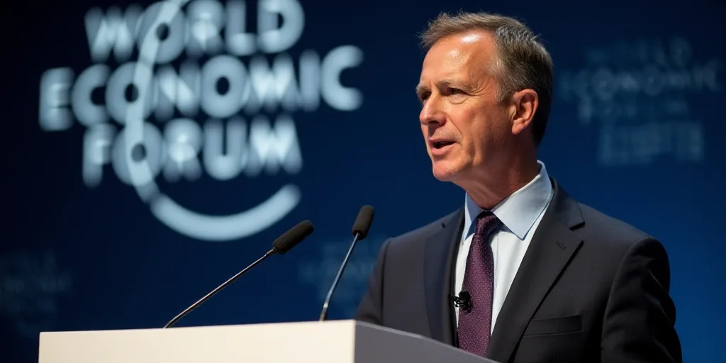a man in a suit and tie speaking into a microphone at a podium with a world economic forum logo behi