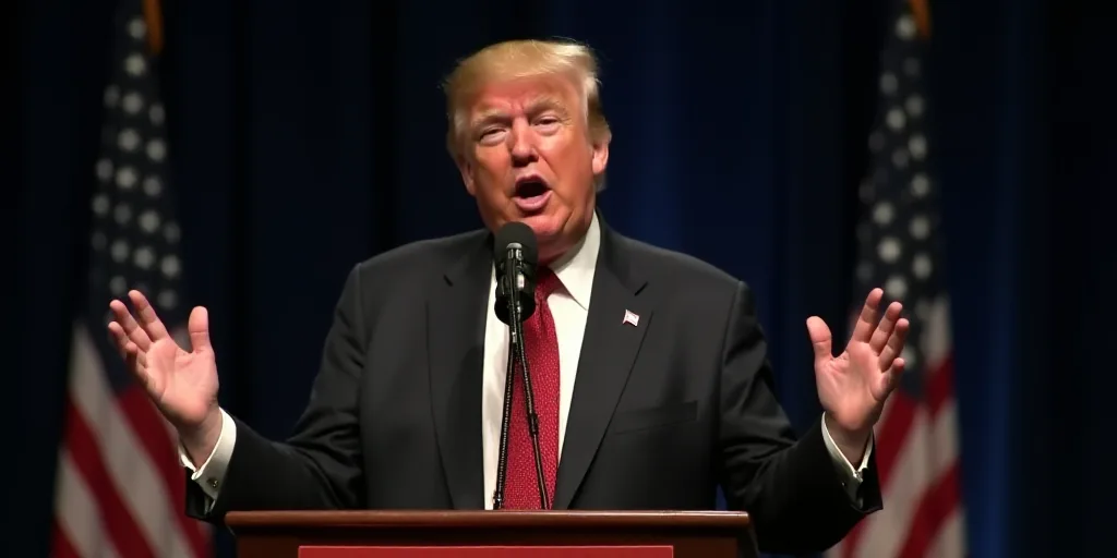 a man in a suit and tie speaking at a podium with his hands out and his mouth open and his hands out