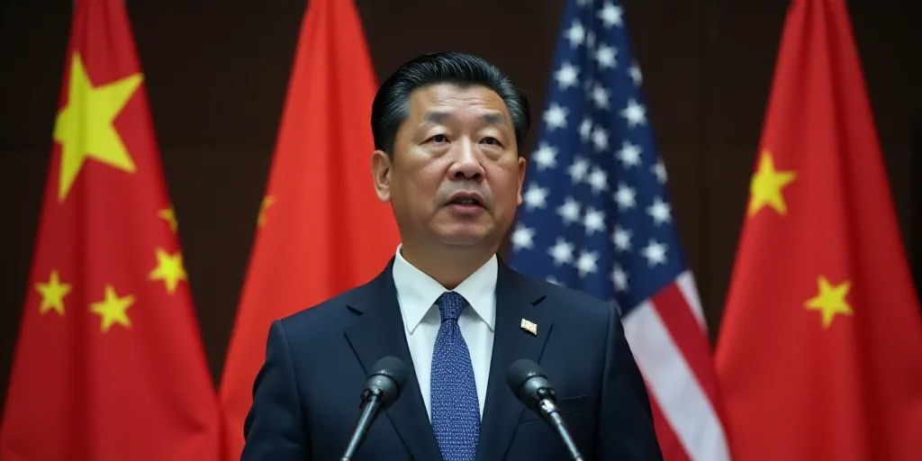 a man in a suit and tie speaking into a microphone at a press conference with the logo of the us and
