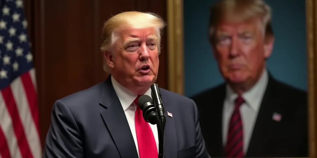 a man in a suit and tie speaking into a microphone in front of a flag and a picture of president tru