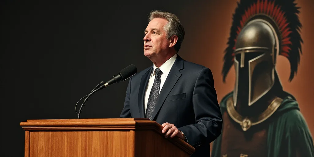 a man in a suit and tie standing at a podium with a microphone and a picture of a man in a helmet, B