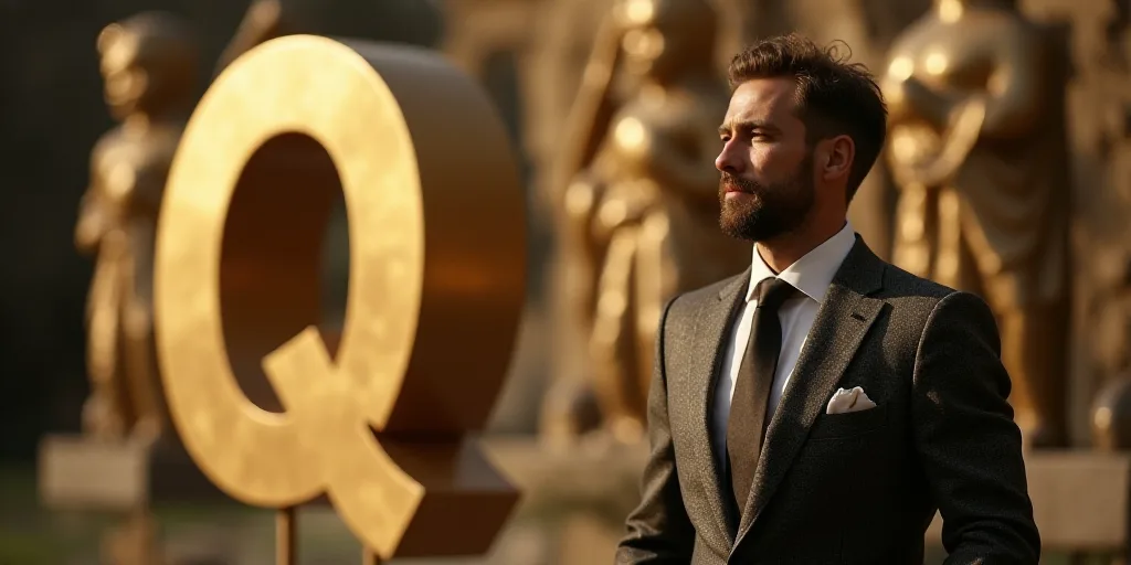 a man in a suit and tie standing in front of a sign with a q sign in the background, Aquirax Uno, go