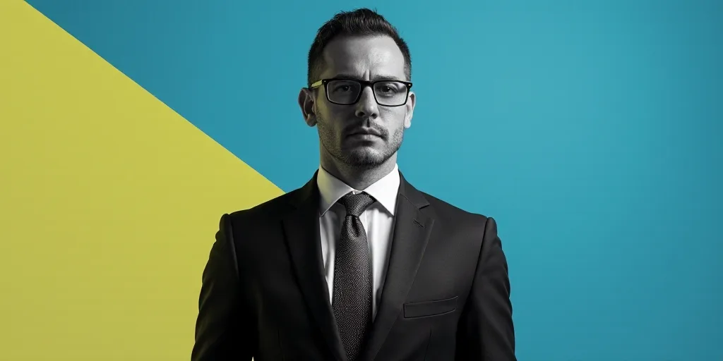 a man in a suit and tie standing in front of a blue background with a yellow border and a black and