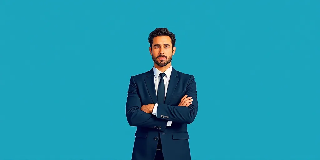 a man in a suit and tie standing with his arms crossed in front of him, with a blue background, Carl