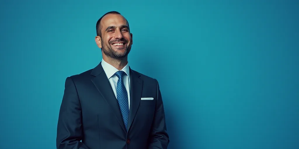 a man in a suit and tie standing in front of a blue background with a caption that reads, louis migu