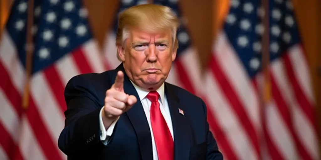 a man in a suit and tie standing in front of american flags and pointing at something with his hand,