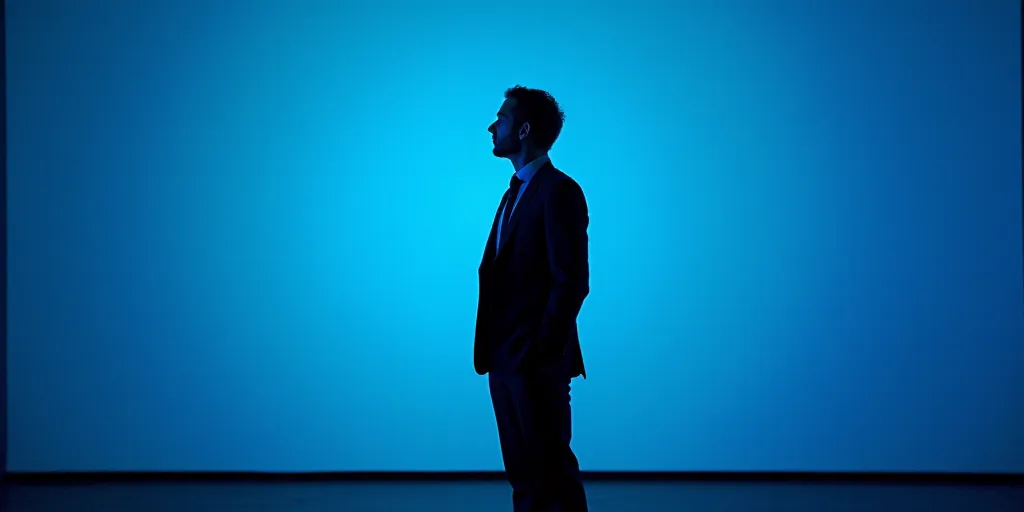 a man in a suit and tie standing in front of a blue background with the words antonio ai showbiz, An